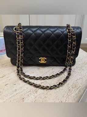 CHANEL Black Quilted Shoulder Bag with Gold Chain & CC Lock